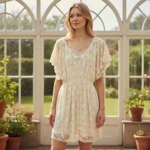 MyMichelle Cream Floral Lace Flutter Sleeve Smocked Waist Mini Dress XL 3768XZ1D